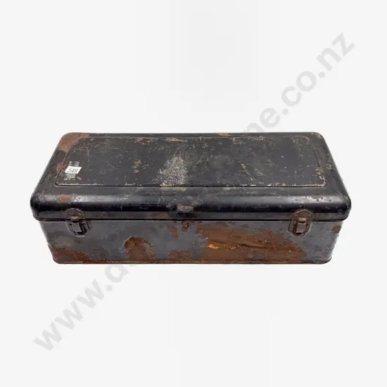 Vintage Japanned Tin Running Board Tool Box and Various Tools