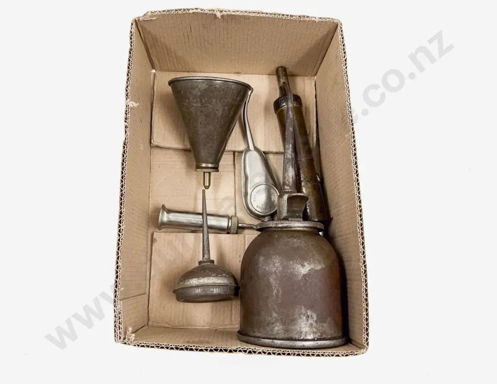 Five Small Oil Cans with Grease Guns and Tyre Gauge Image 1++