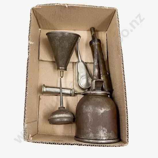 Five Small Oil Cans with Grease Guns and Tyre Gauge