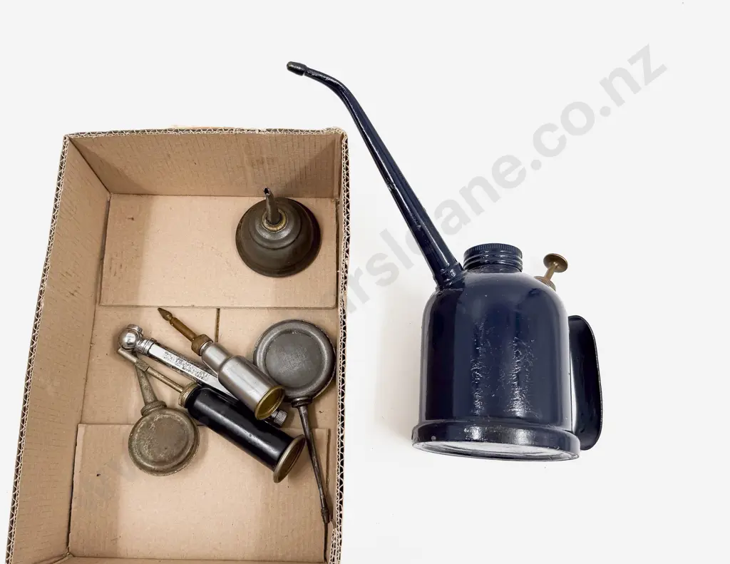 Five Small Oil Cans with Grease Guns and Tyre Gauge Image 1++