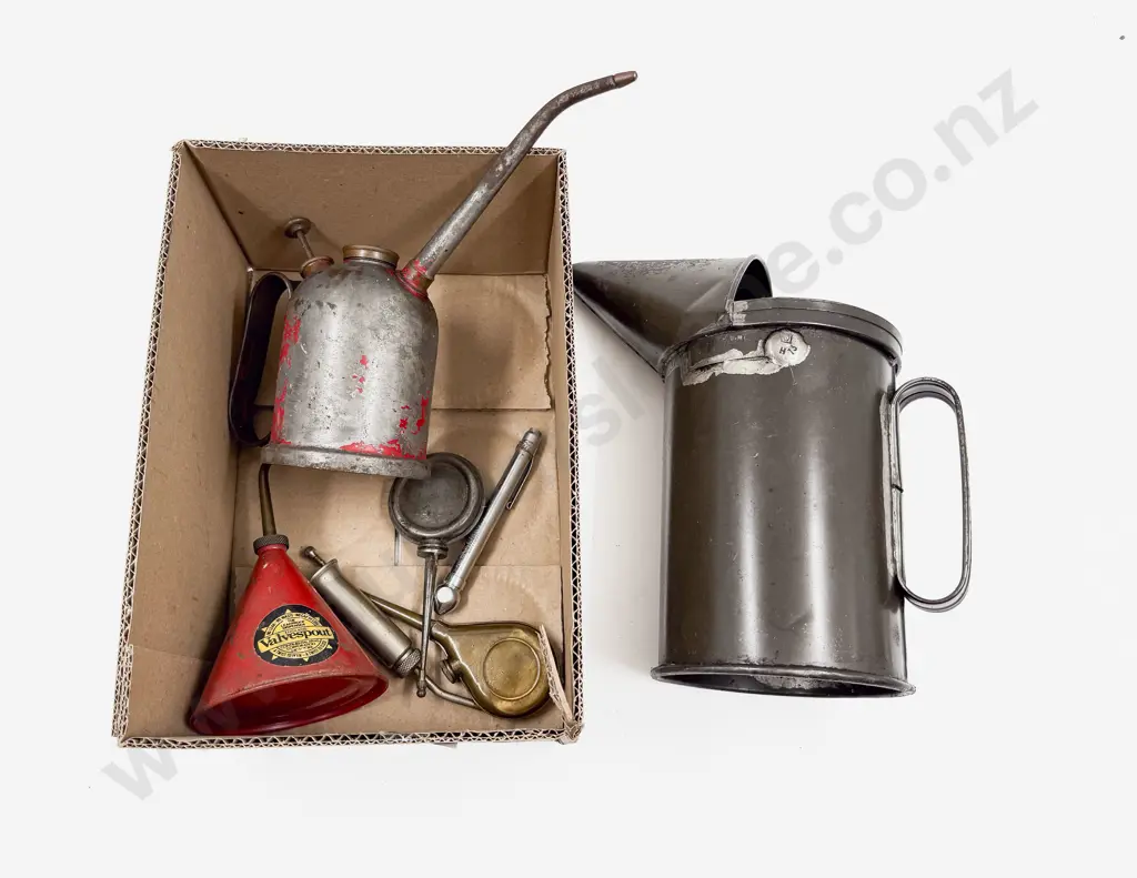 Five Small Oil Cans with Grease Guns and Tyre Gauge Image 1++