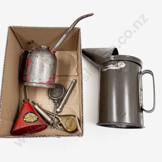 Five Small Oil Cans with Grease Guns and Tyre Gauge