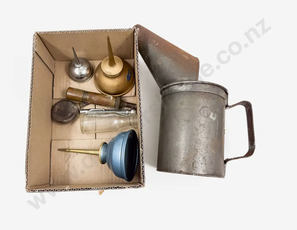 Five Small Oil Cans with Oil Bottle Grease Gun and Tyre Gauge Image 1++