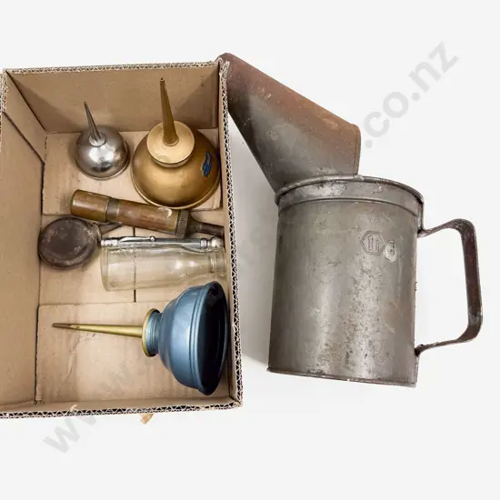 Five Small Oil Cans with Oil Bottle Grease Gun and Tyre Gauge