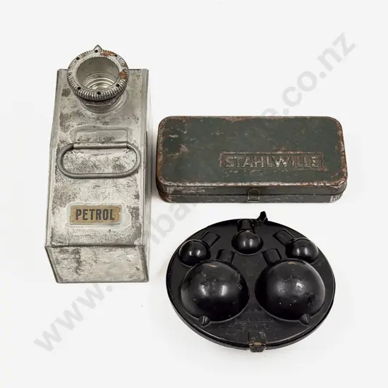 Small Petrol Can with Smiths Light Bulb Tin and Stahlwille Tool Tin