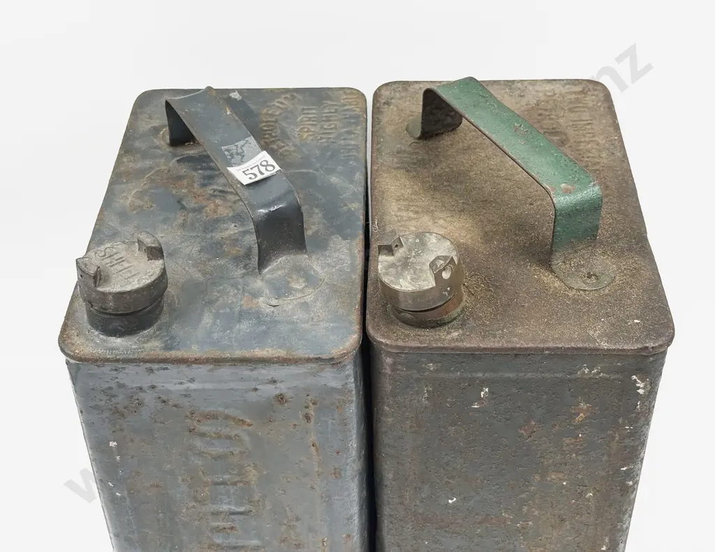 Shell Motor Spirit Petrol and Plume Motor Spirit Cans with Brass Caps Image 1++