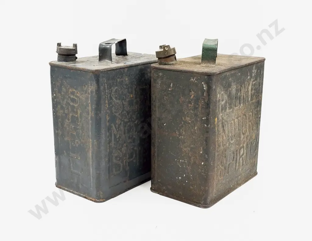 Shell Motor Spirit Petrol and Plume Motor Spirit Cans with Brass Caps Image 1++