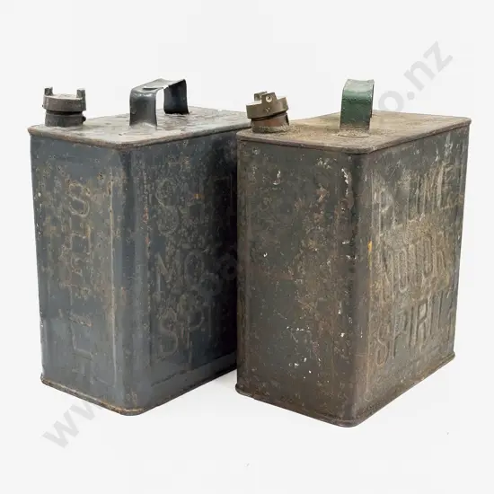 Shell Motor Spirit Petrol and Plume Motor Spirit Cans with Brass Caps
