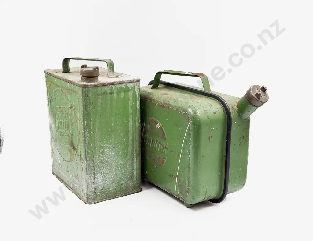 Castrol Ltd Wellington Petrol Can with Lesco Brass Cap and Castrol with Plain Brass Cap Image 1++