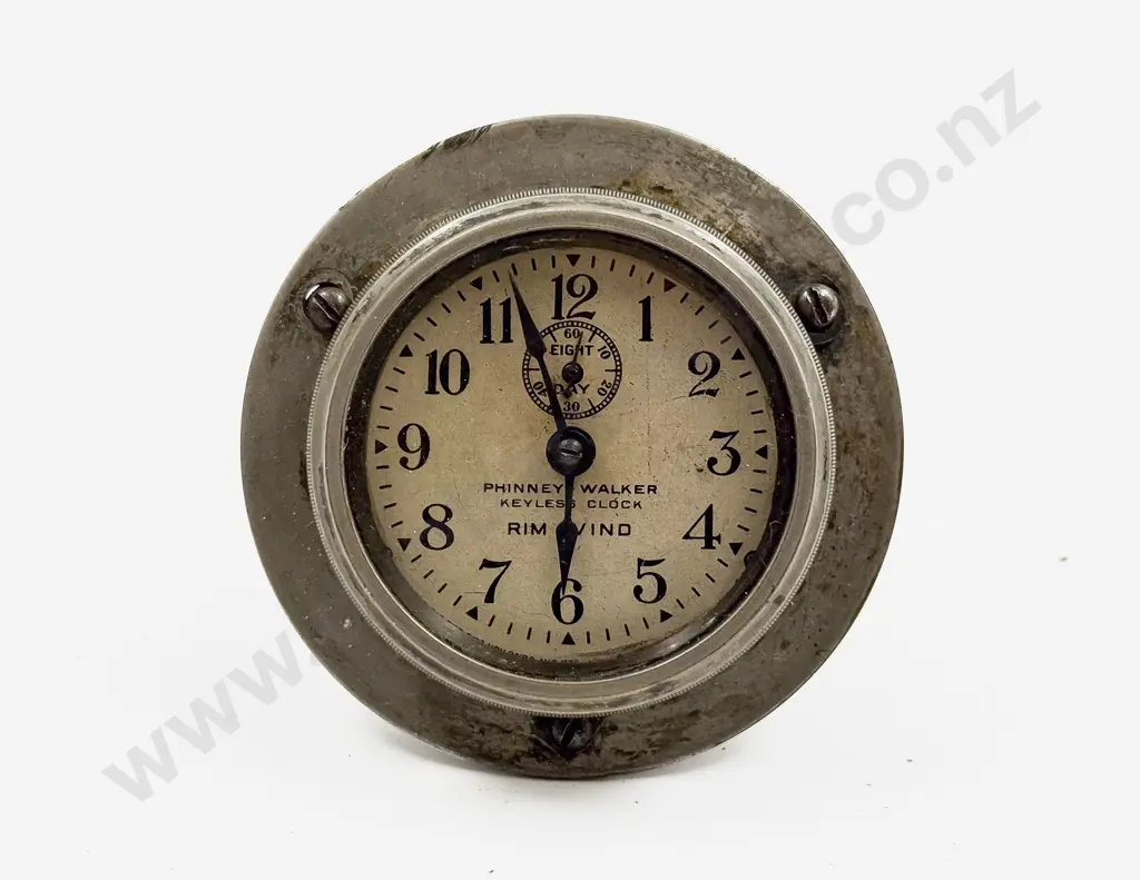 Phinney-Walker White Metal Cased 8 Day Rim Wind Car Clock Image 1++
