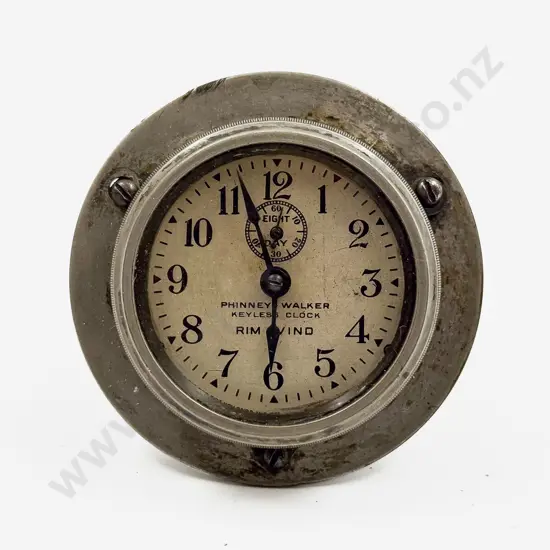 Phinney-Walker White Metal Cased 8 Day Rim Wind Car Clock