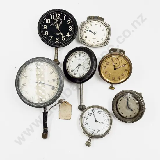 Seven Various Car Dashboard Clocks and Pocket Watch Type Car Clocks