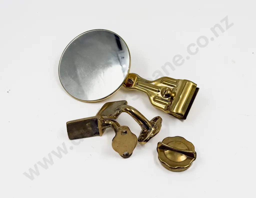 Replica Brass Outside Rear View Mirror with Pair Rear Light Mounting Bracket and Brass Radiator Cap Image 1++