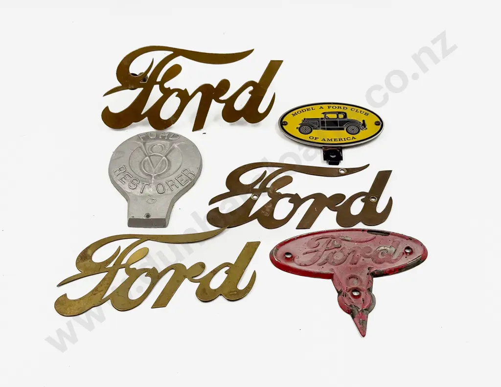 Three Vintage and Replica Brass Ford Emblems with Two Ford V8 Badges and Ford Club Car Badge Image 1++
