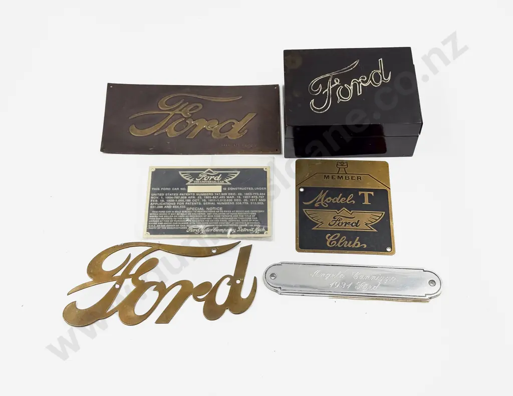 Vintage Ford Black Lacquered Desk Cigarette Box and Five Ford Emblems and Labels Image 1++