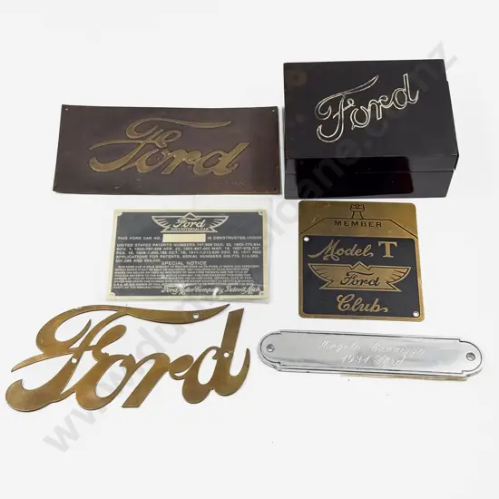 Vintage Ford Black Lacquered Desk Cigarette Box and Five Ford Emblems and Labels