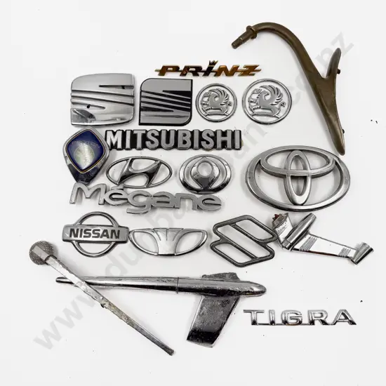 Various Modern Vehicle Emblems - Toyota - Mitsubishi and Vintage Hood Broken Pieces & Mount