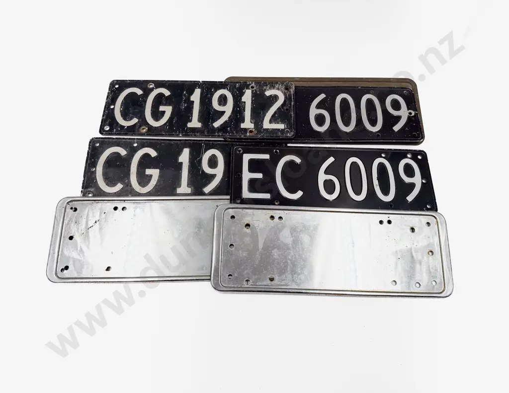 Two Pair Vintage Automobile Number Plates with Four Mounting Plates Image 1++