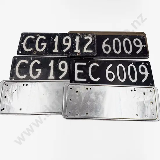 Two Pair Vintage Automobile Number Plates with Four Mounting Plates