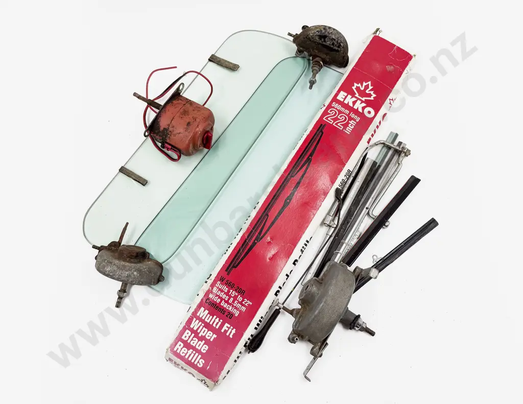 Four Various Vintage Windscreen Wiper Motors with Wiper Blades and Pair New Wind Deflector Screens Image 1++
