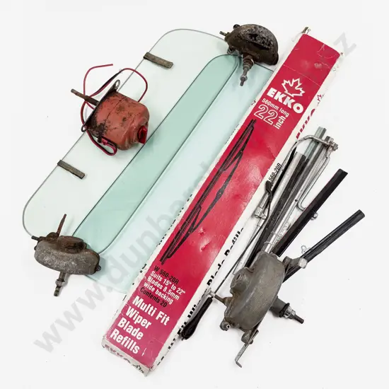 Four Various Vintage Windscreen Wiper Motors with Wiper Blades and Pair New Wind Deflector Screens