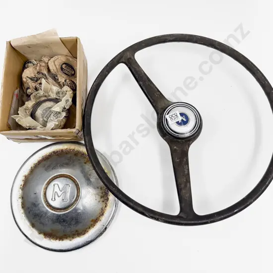 Morris Minor Steering Wheel with Single Hub Cap and New/Old Qty Repco Piston Rings - Suits Morris 12/4