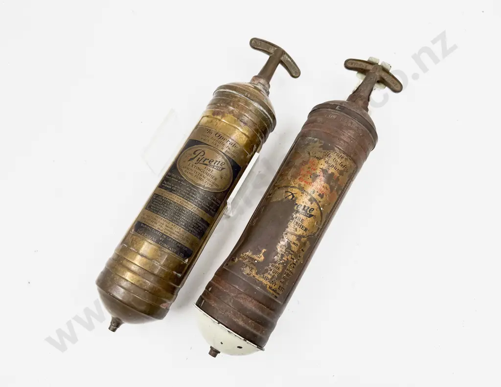 Two Antique Pyrene Brass Fire Extinguishers with single mounting Bracket Image 1++