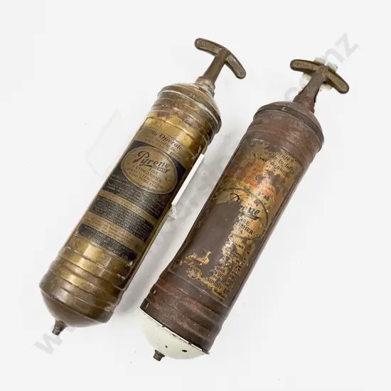 Two Antique Pyrene Brass Fire Extinguishers with single mounting Bracket