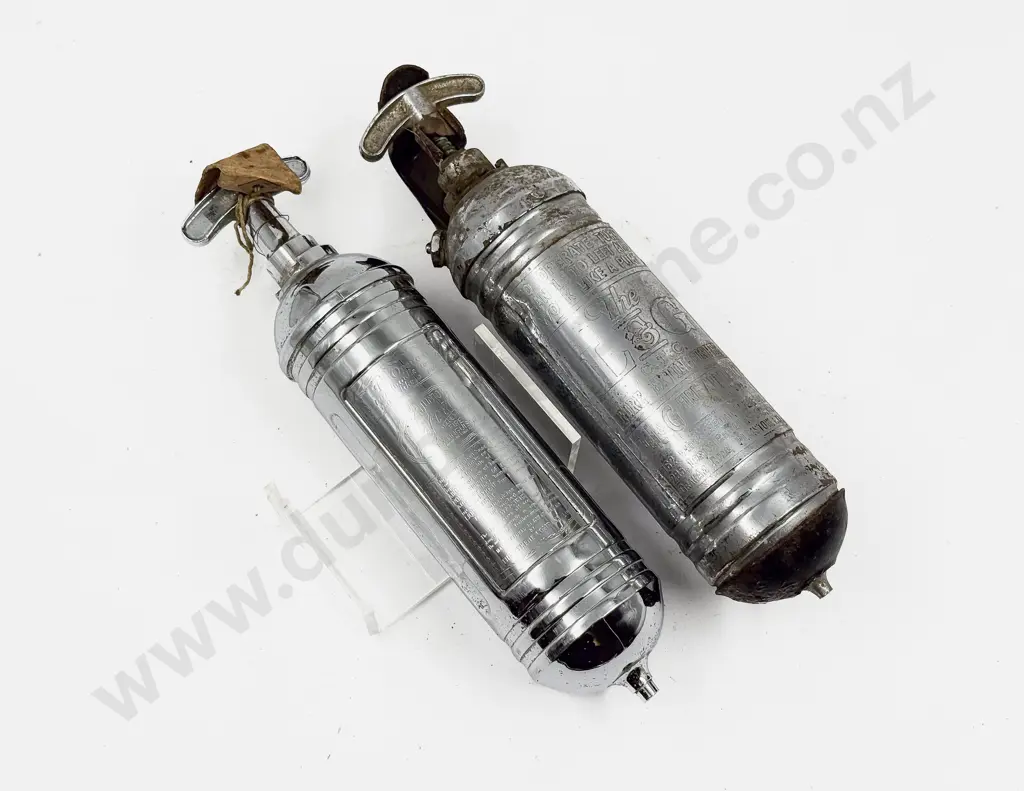 Two Antique The L&G and Pyrene Chrome Plated Fire Extinguishers with single mount Image 1++