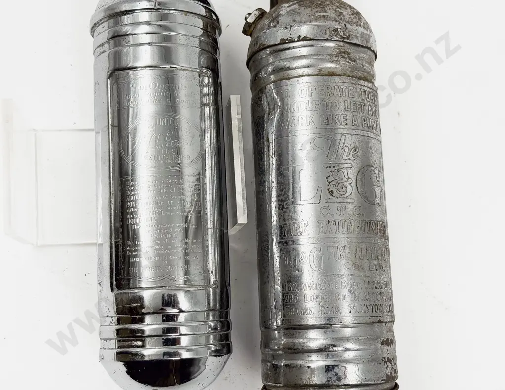 Two Antique The L&G and Pyrene Chrome Plated Fire Extinguishers with single mount Image 1++