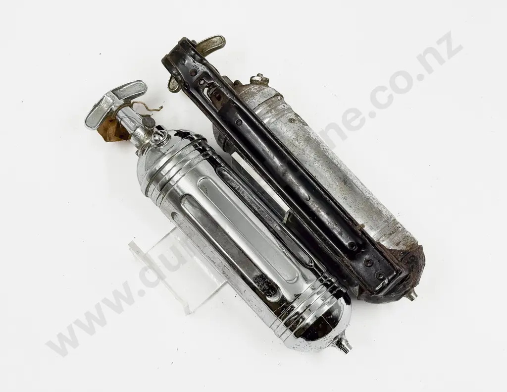 Two Antique The L&G and Pyrene Chrome Plated Fire Extinguishers with single mount Image 1++