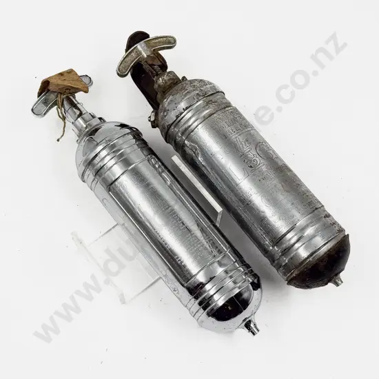 Two Antique The L&G and Pyrene Chrome Plated Fire Extinguishers with single mount