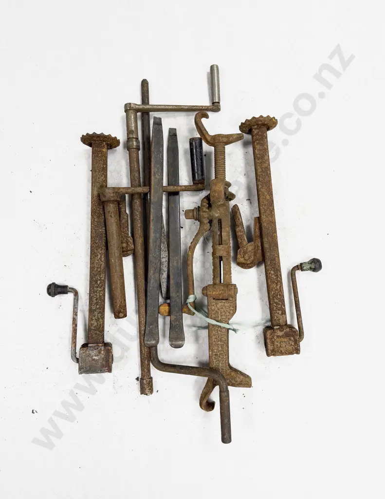 Three Vintage Tire Jacks with Hand Cranks and Tire Levers Image 1++