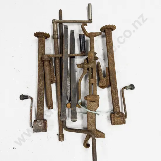 Three Vintage Tire Jacks with Hand Cranks and Tire Levers