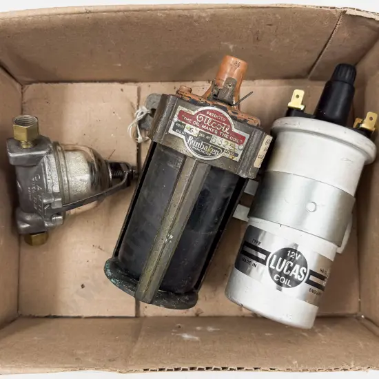 Carter Fuel Filter with Runbaken Oil-Filled Ignition Coil 6 Volts and Lucas 12V Coil
