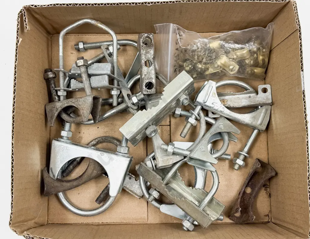 Qty U-Bolt Exhaust Pipe and Muffler Clamps and Brass Hose/Rod Clamps Image 1++