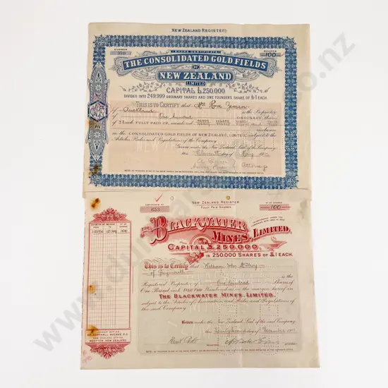 Two NZ Register Gold & Minefields Share Certificates *NOTE PHOTO CHANGE