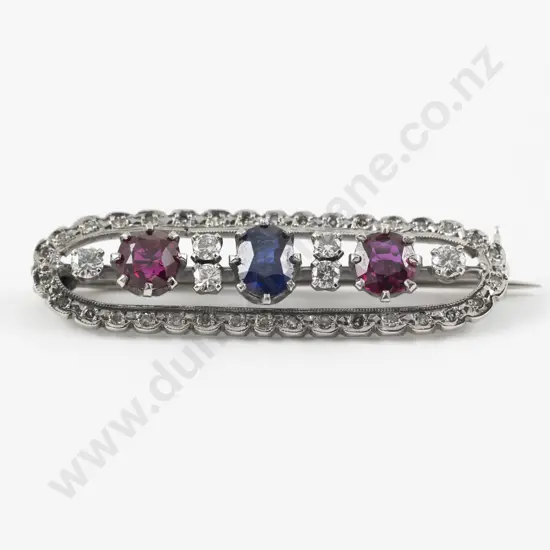 All Platinum Nine Stone Ruby Sapphire and Diamond Brooch