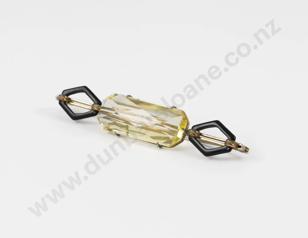 Art Deco Citrine Glass and Black Plastic Bar Brooch Image 1++