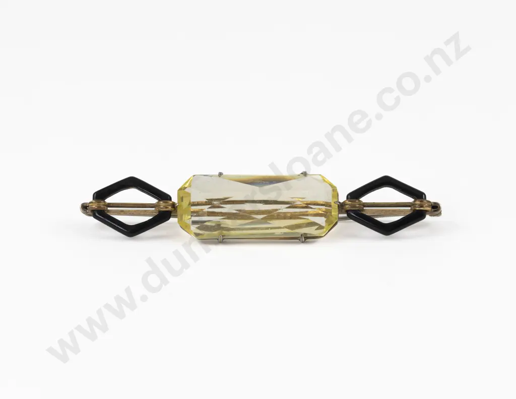 Art Deco Citrine Glass and Black Plastic Bar Brooch Image 1++