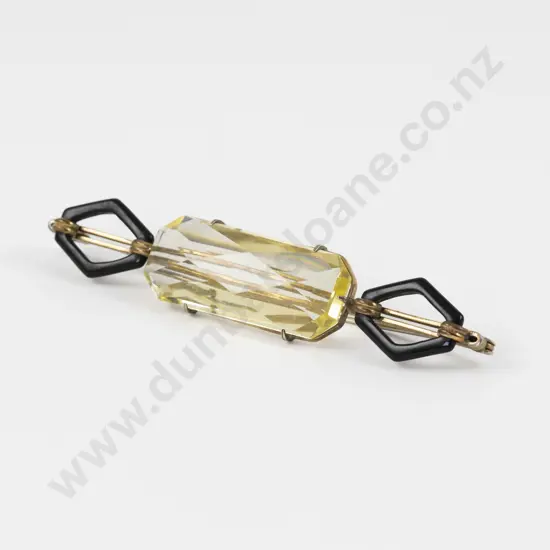 Art Deco Citrine Glass and Black Plastic Bar Brooch