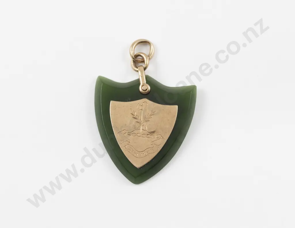 Mid C20th 14ct Mounted Greenstone Shield Pendant Image 1++