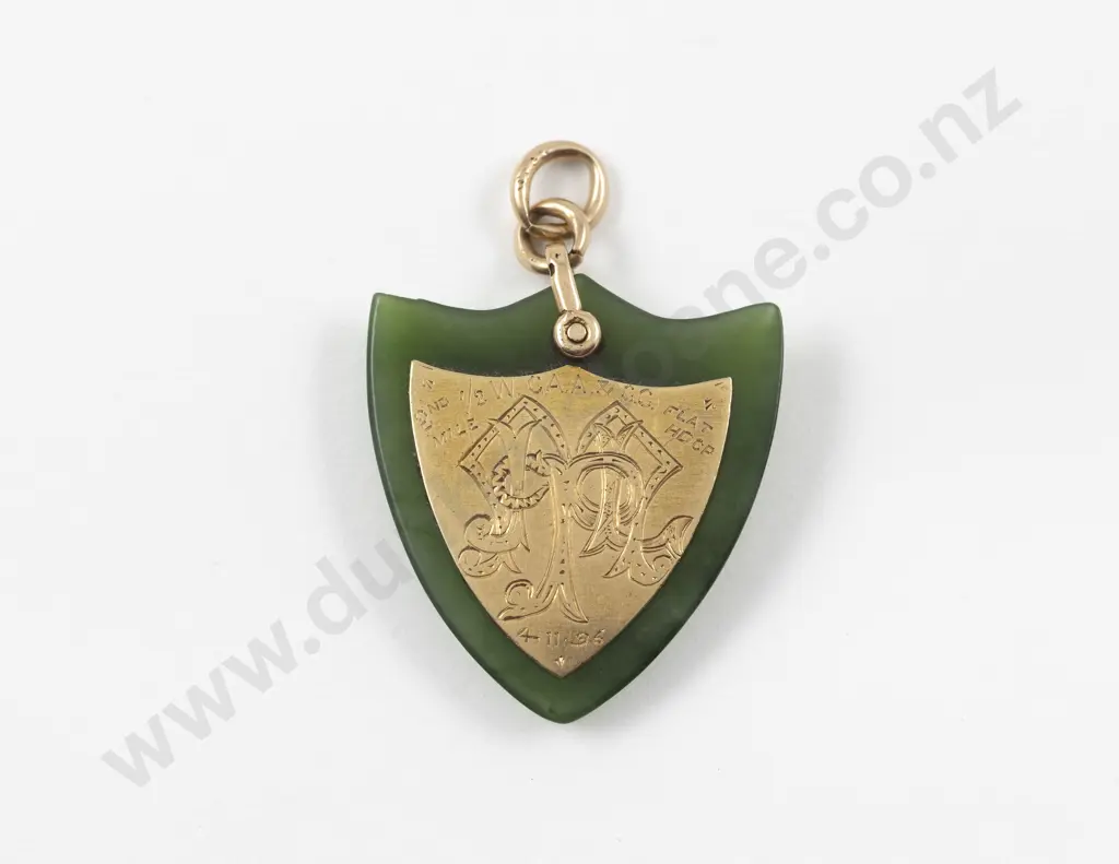 Mid C20th 14ct Mounted Greenstone Shield Pendant Image 1++