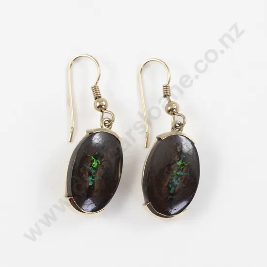 Pair 9ct Single Boulder Opal Pendant Drop Earrings