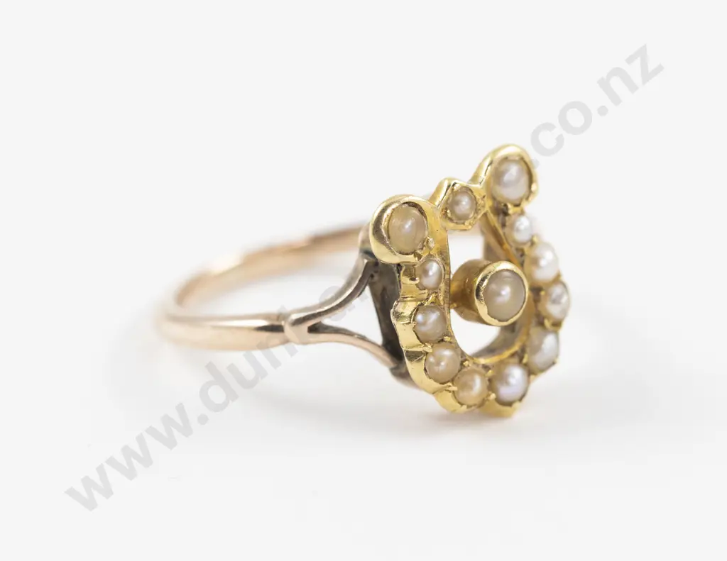 Victorian 9ct Rose Gold Seed Pearl 'Lucky Horse Shoe' Ring Image 1++