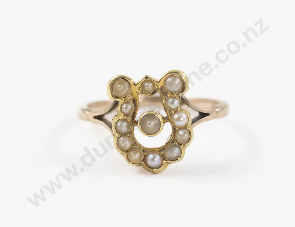Victorian 9ct Rose Gold Seed Pearl 'Lucky Horse Shoe' Ring Image 1++