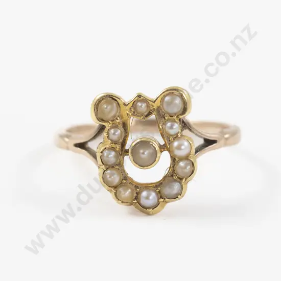 Victorian 9ct Rose Gold Seed Pearl 'Lucky Horse Shoe' Ring