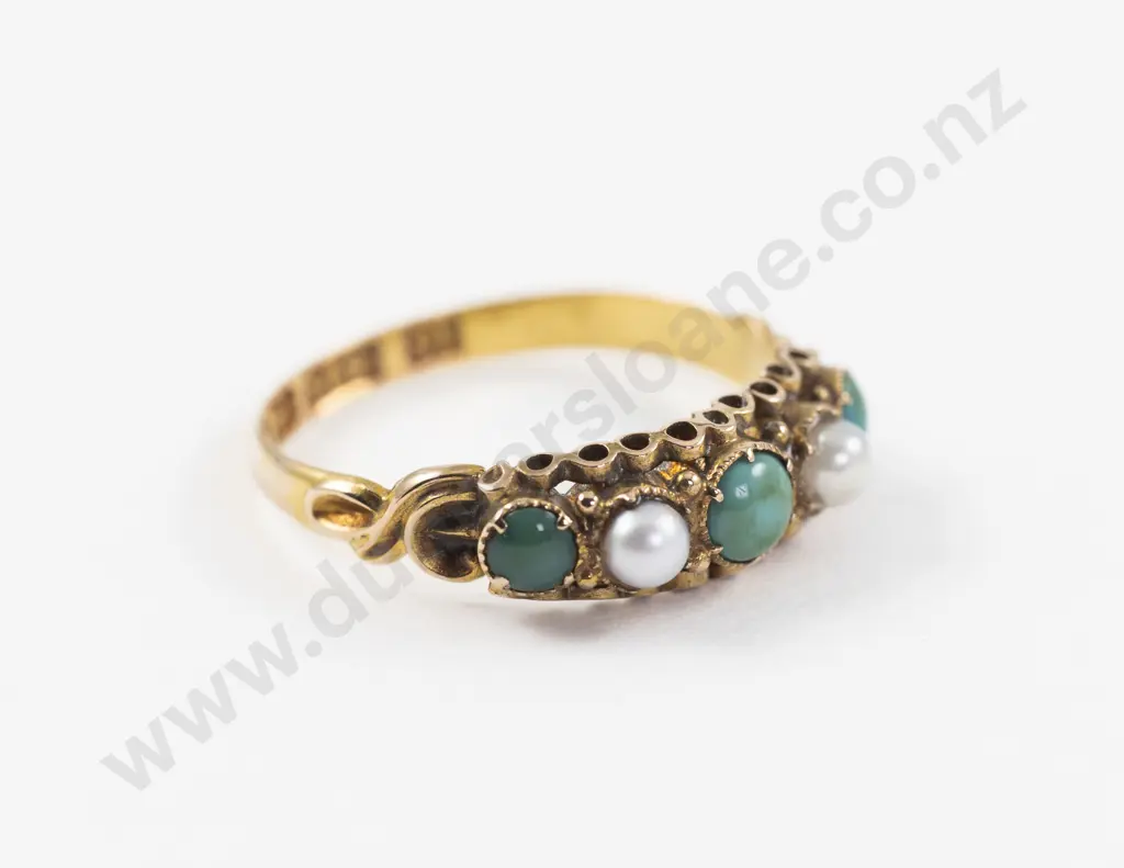 Victorian 15ct Five Stone Turquoise and Pearl Ring Image 1++