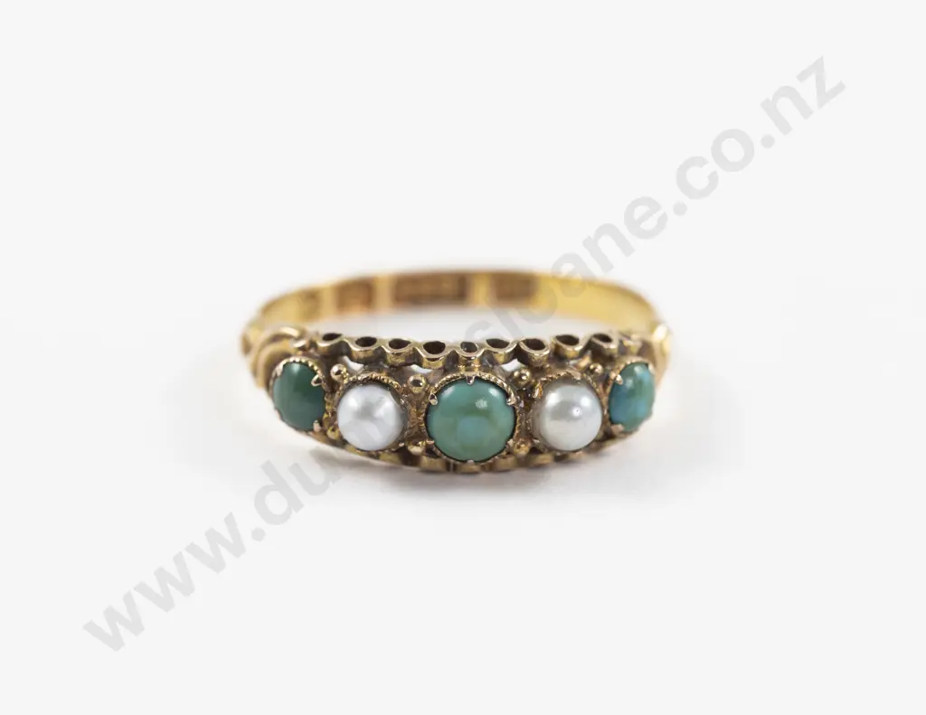 Victorian 15ct Five Stone Turquoise and Pearl Ring Image 1++