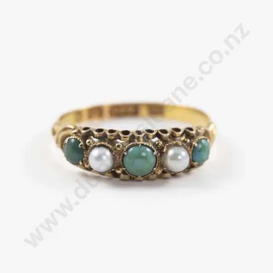 Victorian 15ct Five Stone Turquoise and Pearl Ring